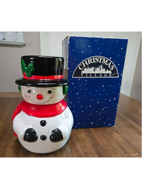 Christmas Village Earthenware Snowman Cookie Jar 2006 Vintage Holiday In Box